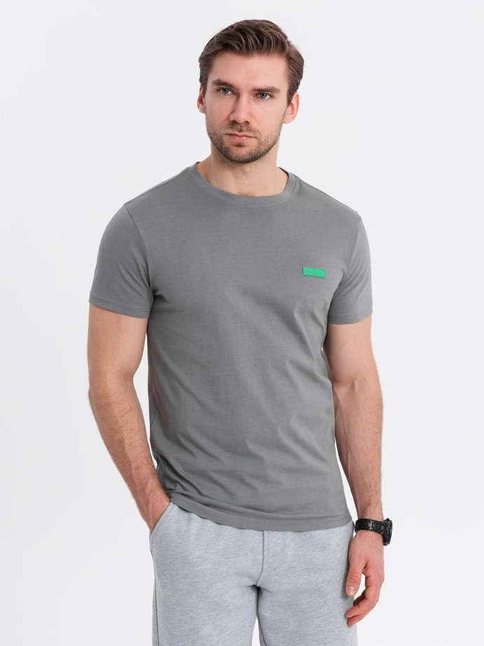 Men's cotton t-shirt with green patch on chest - gray V1 OM-TSCT-0151