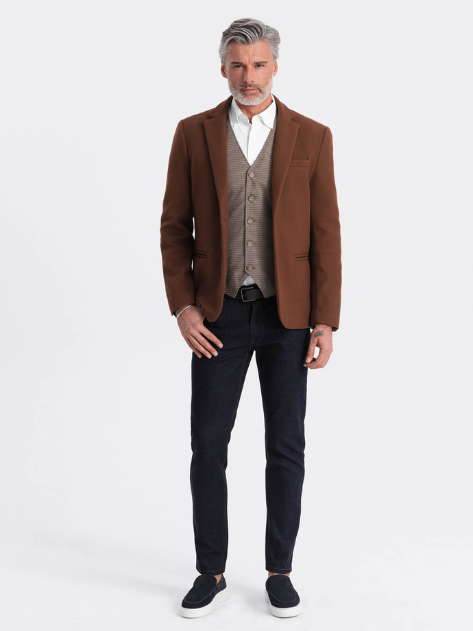 Men's casual blazer with decorative buttons on cuffs - chocolate brown V1 OM-BLZB-0118