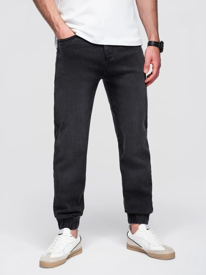 Men's denim JOGGERS pants with classic flare - black V3 OM-PADJ-0265