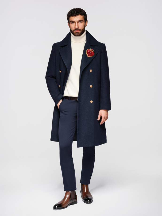 Men's double-breasted coat with wool and decorative appliqués - V1 navy blue OM-COWC-0149
