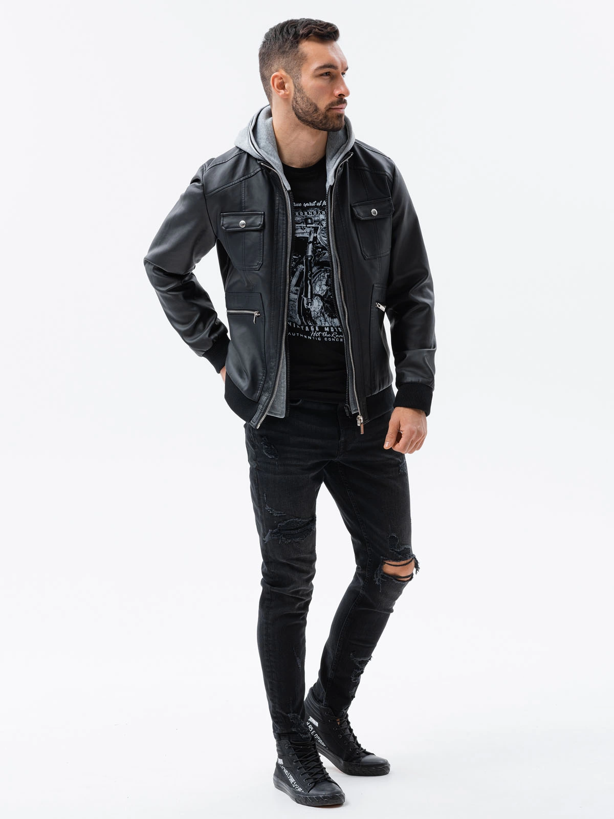 Men s biker jacket with hoodie black C415 Ombre Men s clothing online