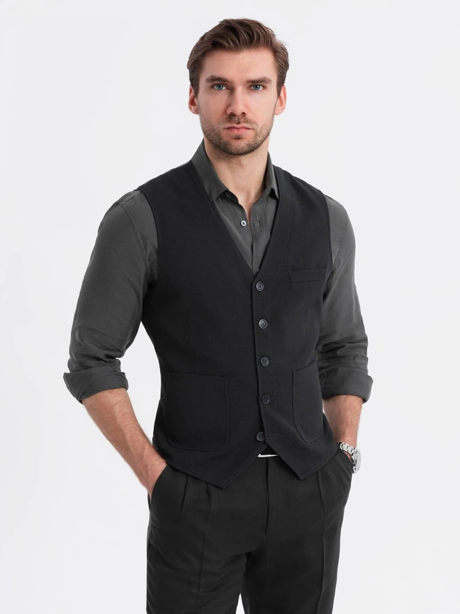 Fitted structured men's vest with patch pockets - black V1 OM-BLZV-0146