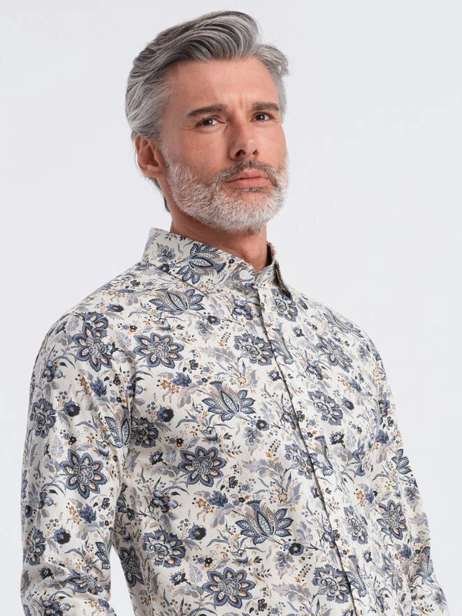 Men's SLIM FIT shirt in floral pattern - beige-gray V1 OM-SHPS-0139