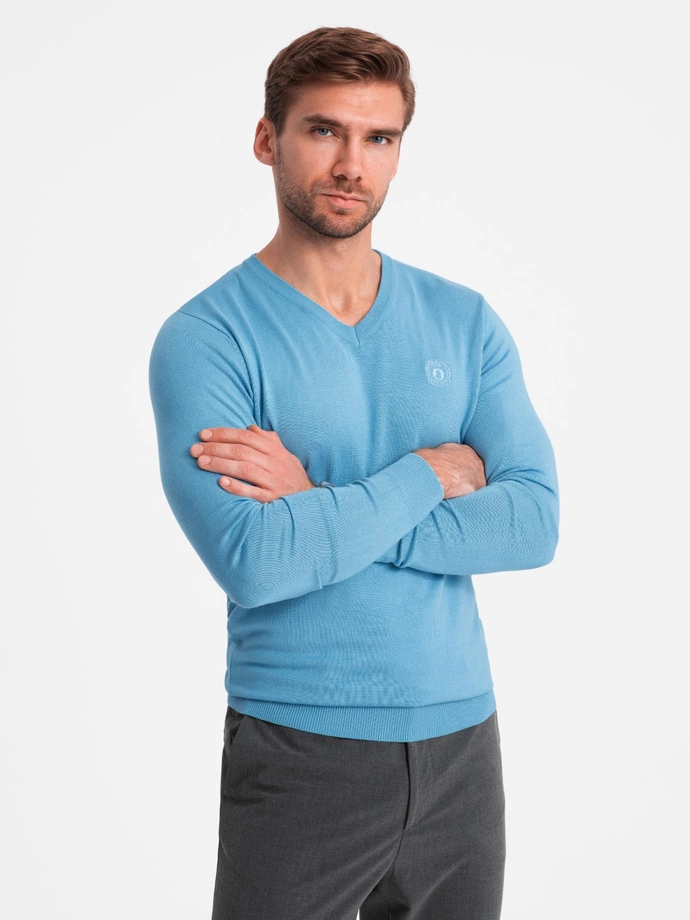 Elegant men's BASIC V-neck sweater with viscose - blue V21 OM-SWBS-0107