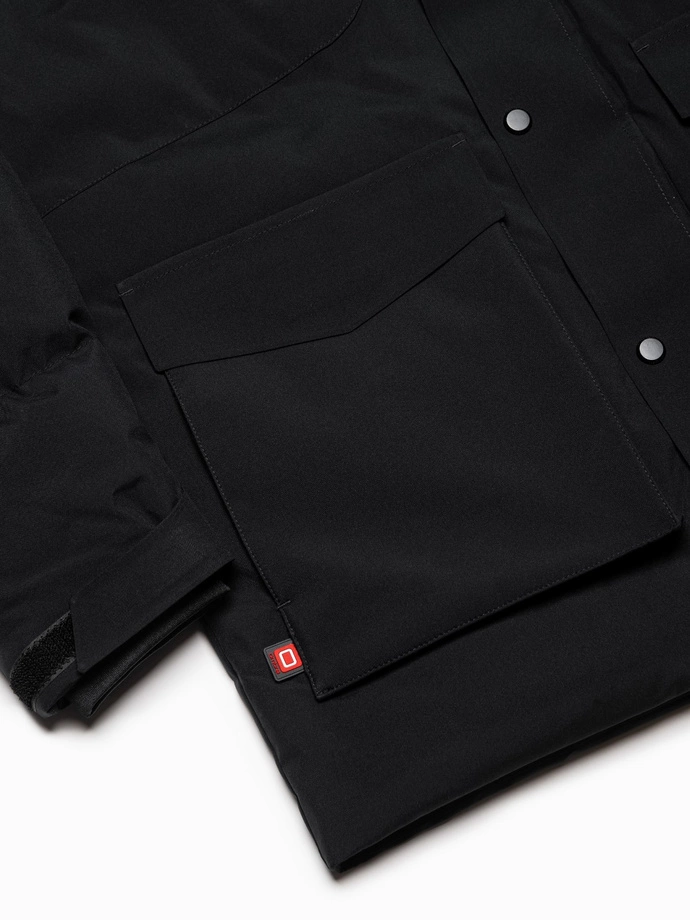 Men's winter jacket with detachable hood and cargo pockets - black V3 OM-JAHP-0152
