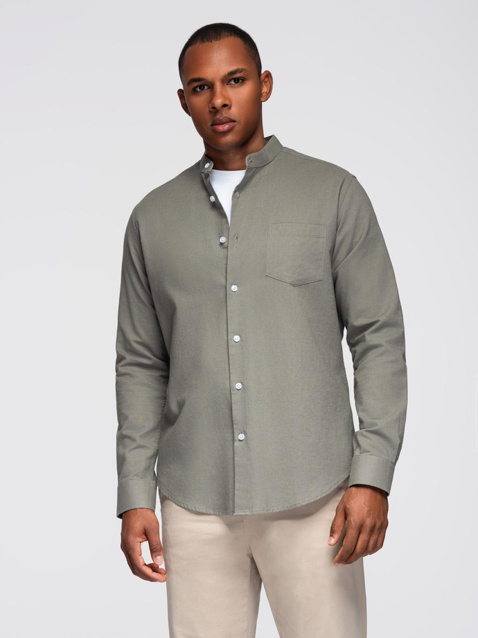 Pánská plátěná košile se stojáčkem a kapsou REGULAR FIT - khaki V6 OM-SHCS-0161