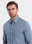 Men's SLIM FIT shirt in decorative fabric with pocket - blue OM-SHCS-0174