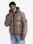Warm men's puffer jacket with welts - dark beige V3 OM-JAHP-0207