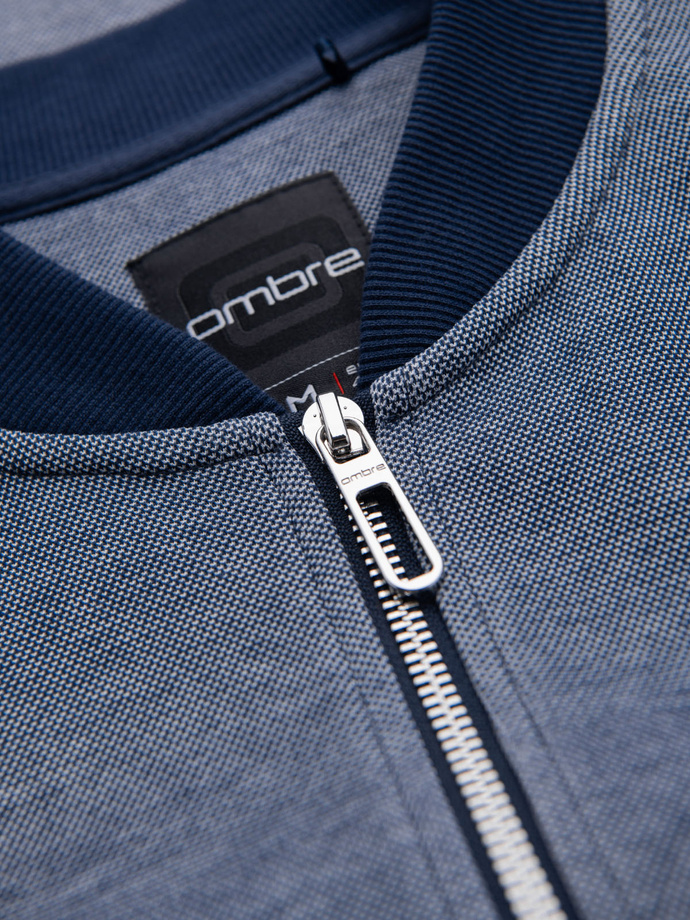 Men's pique knit bomber sweatshirt - navy blue V2 OM-SSZP-0238