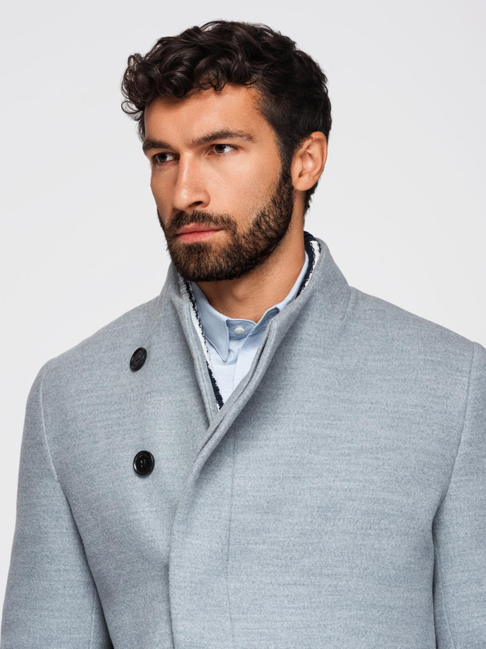 Men's coat with high collar and asymmetrical fastening - grey melange V1 OM-COWC-0141