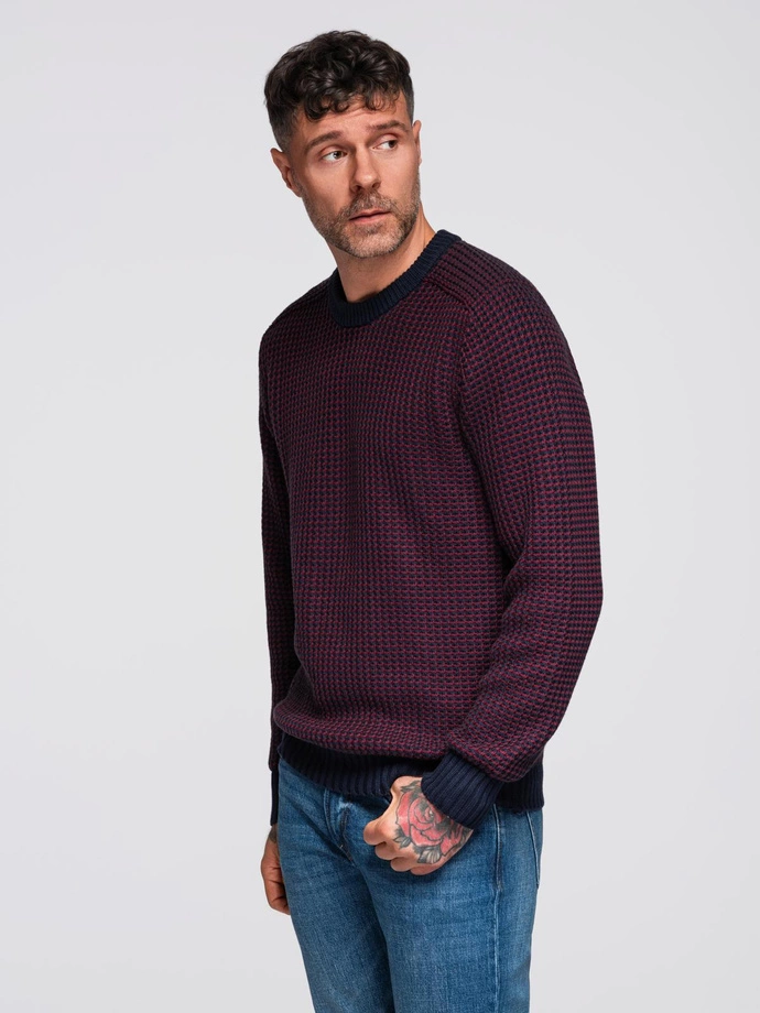 Men's contrast weave sweater with round neckline - maroon V1 OM-SWSW-0122