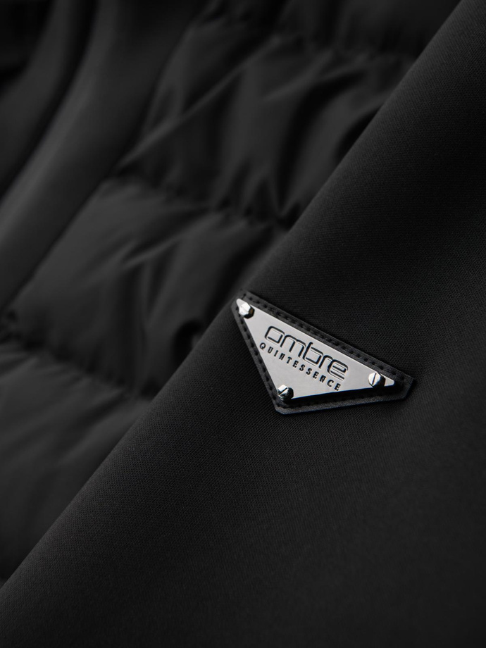 Dygsniuotas bomber stiliaus švarkas su gobtuvu ir megztomis rankovėmis - juodas V1 OM-JALP-0298