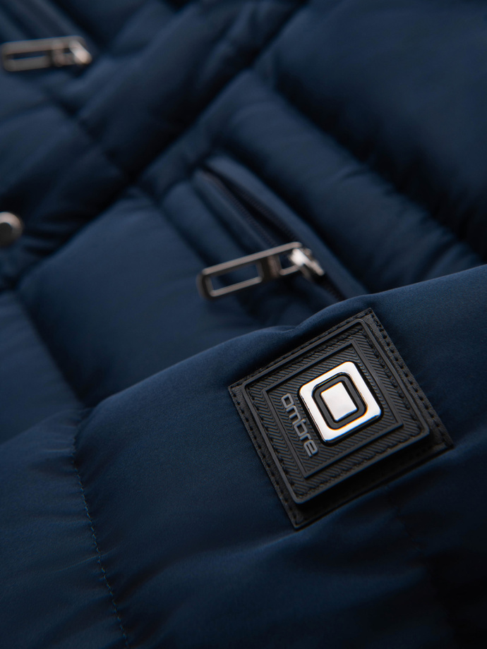 Men's quilted jacket with stand-up collar and chest zips - navy blue V2 OM-JALP-0260