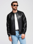 Men's faux leather jacket with ribbed bottom hem - black V2 OM-JAFL-0109