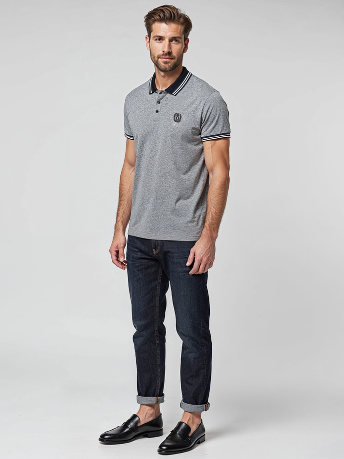 Men's melange polo shirt with striped collar - black V1 OM-POSS-0109