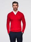 Men's sweater with a "v-neck" neckline with a shirt collar - red V4 OM-SWSW-0102