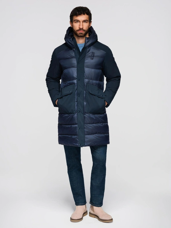 Men's quilted long jacket with large pockets - navy blue V4 OM-JALJ-0165
