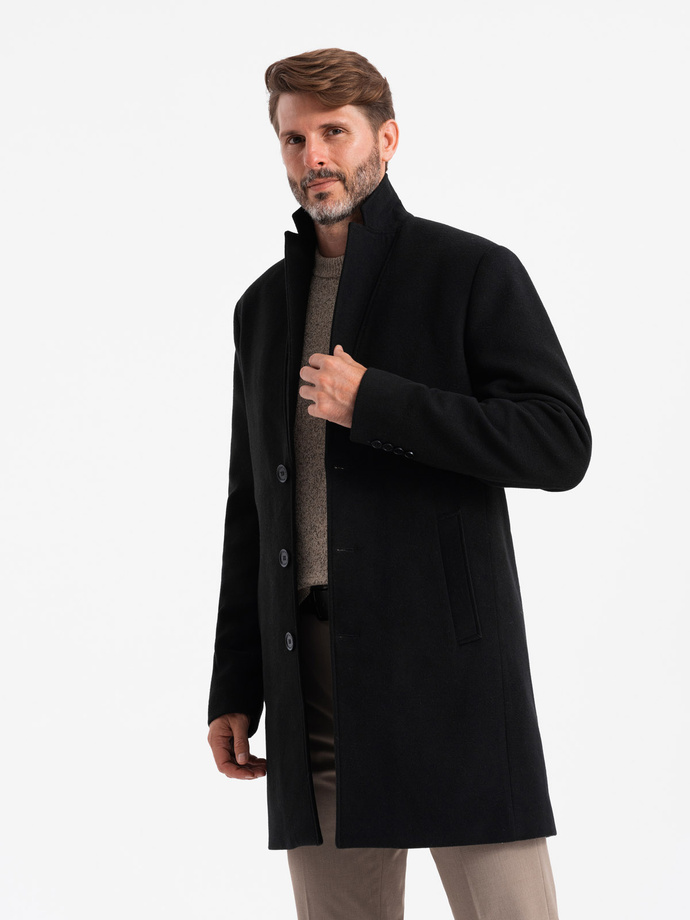 Single-breasted long men's suit style coat - black V1 OM-COWC-0105