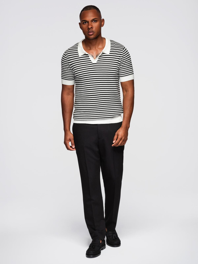 Men's knitted buttonless polo shirt with navy stripes - black and white V1 OM-POSS-0161