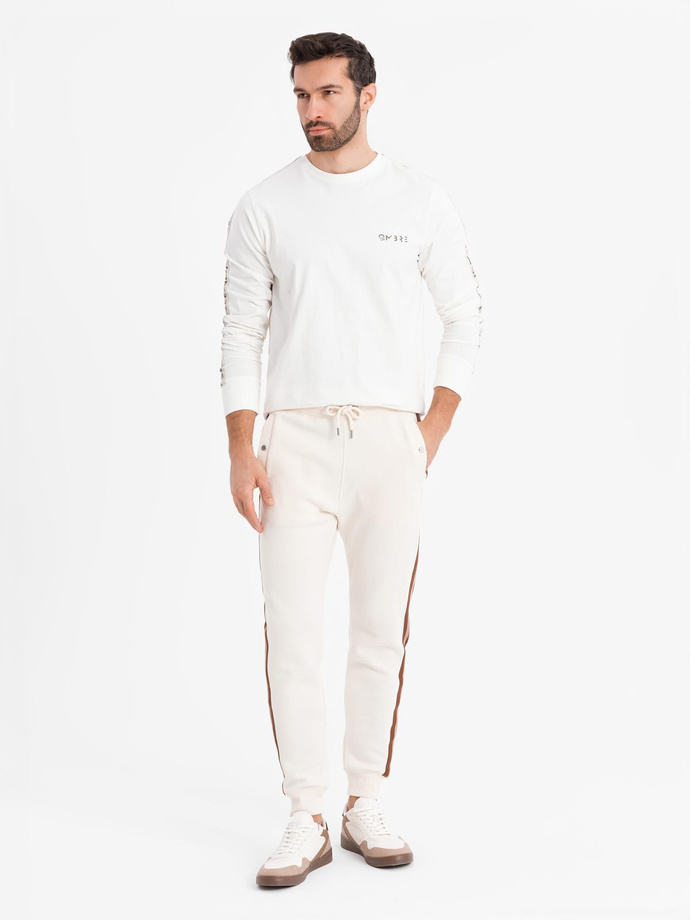 Men's cotton U-neck longsleeve with piping and chest print - broken white V3 OM-LSCL-0127