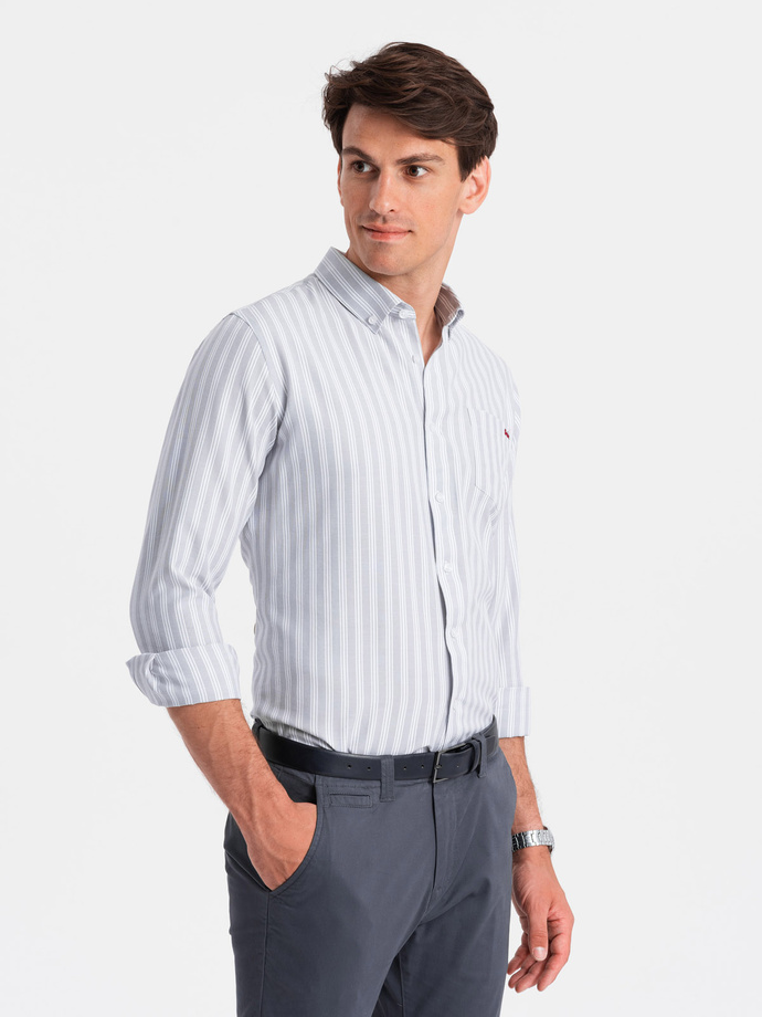 Men's REGULAR FIT shirt in white stripes with pocket - grey V1 OM-SHOS-0171