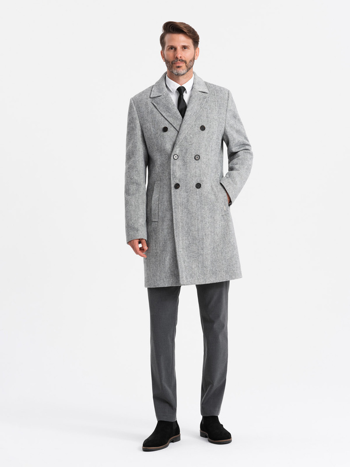 Elegant double-breasted men's herringbone coat - grey V1 OM-COWC-0118