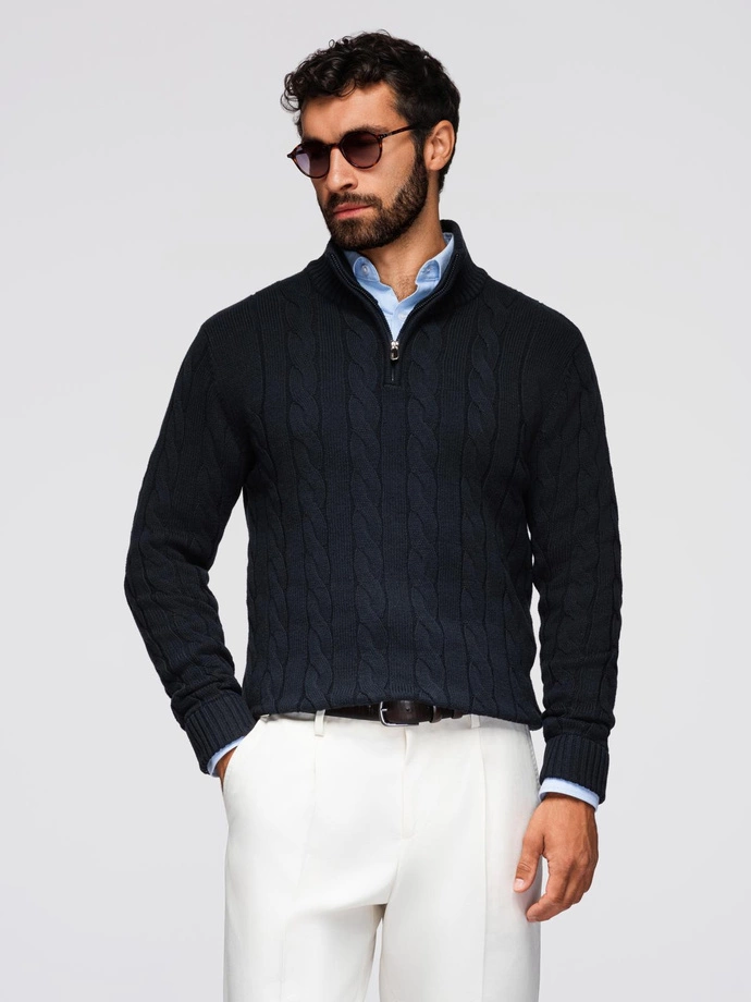 Knitted monochrome men's viscose cardigan - navy blue V1 OM-SWCD-0126 