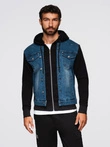 Men's denim jacket with knitted sleeves and hood - blue and black V2 OM-JADJ-0220