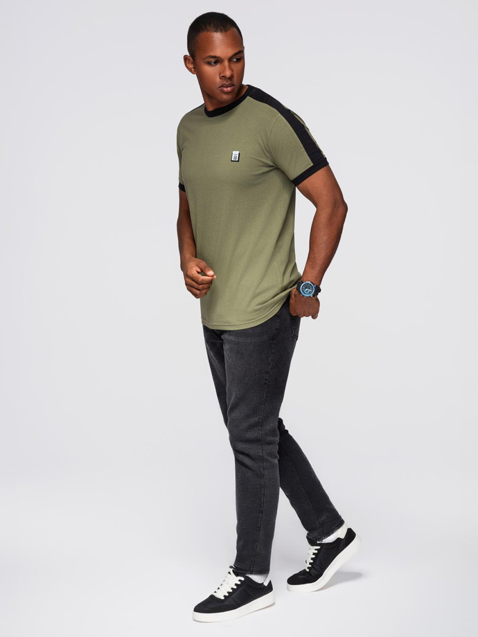 Men's T-shirt with contrasting stripes - olive V4 OM-TSCT-0115