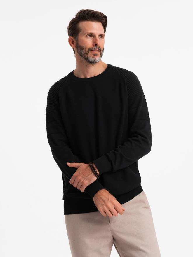 Men's raglan sweater with ribbed sleeves - black V2 OM-SWSW-0144