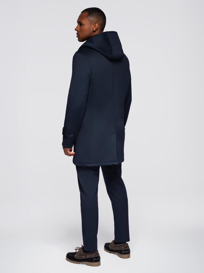 Minimalist men's mid-length coat with hood - navy blue V5 OM-COLC-0144