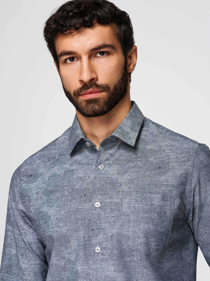 Classic flannel men's floral cotton shirt - grey V3 K701