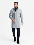 Men's coat with high collar and asymmetrical fastening - grey melange V1 OM-COWC-0120