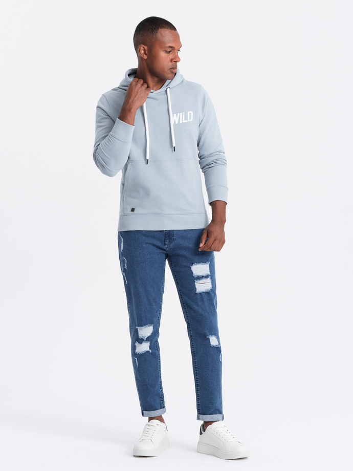 Washable men's TAPER FIT denim pants with rubbing - blue V2 OM-PADP-0163