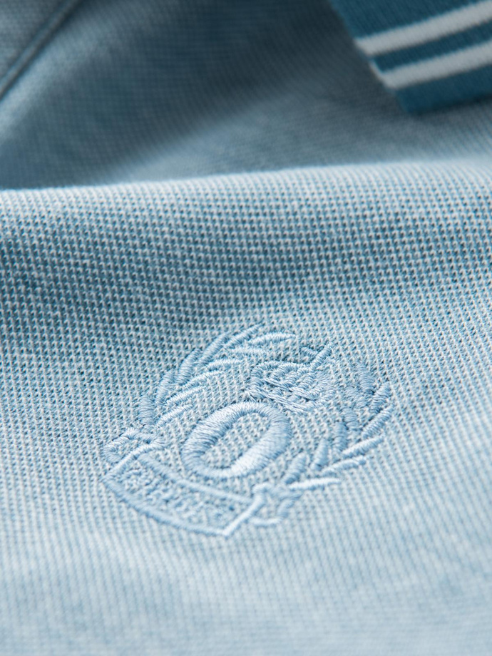 Men's melange polo longsleeve with embroidery - blue melange V3 OM-POLS-0129 