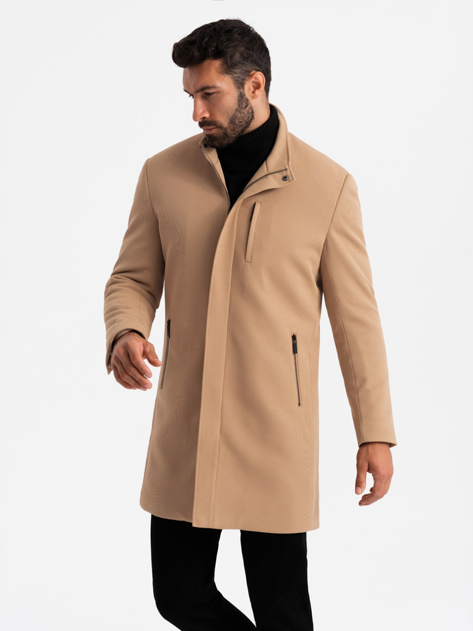 Structured fitted coat for men with high collar - light brown V4 OM-COWC-0117