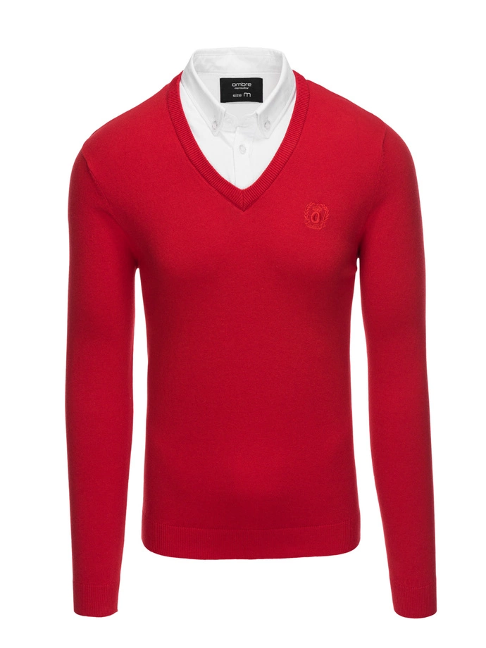 Men's sweater with a "v-neck" neckline with a shirt collar - red V4 OM-SWSW-0102