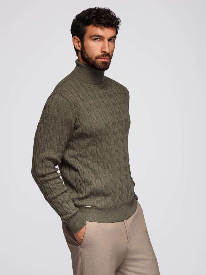 Men's turtleneck sweater with checkered weave - olive V2 OM-SWTN-0157