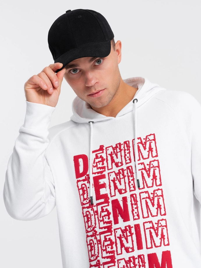 Men's non-stretch kangaroo sweatshirt with hood and print - white V3 OM-SSPS-0158