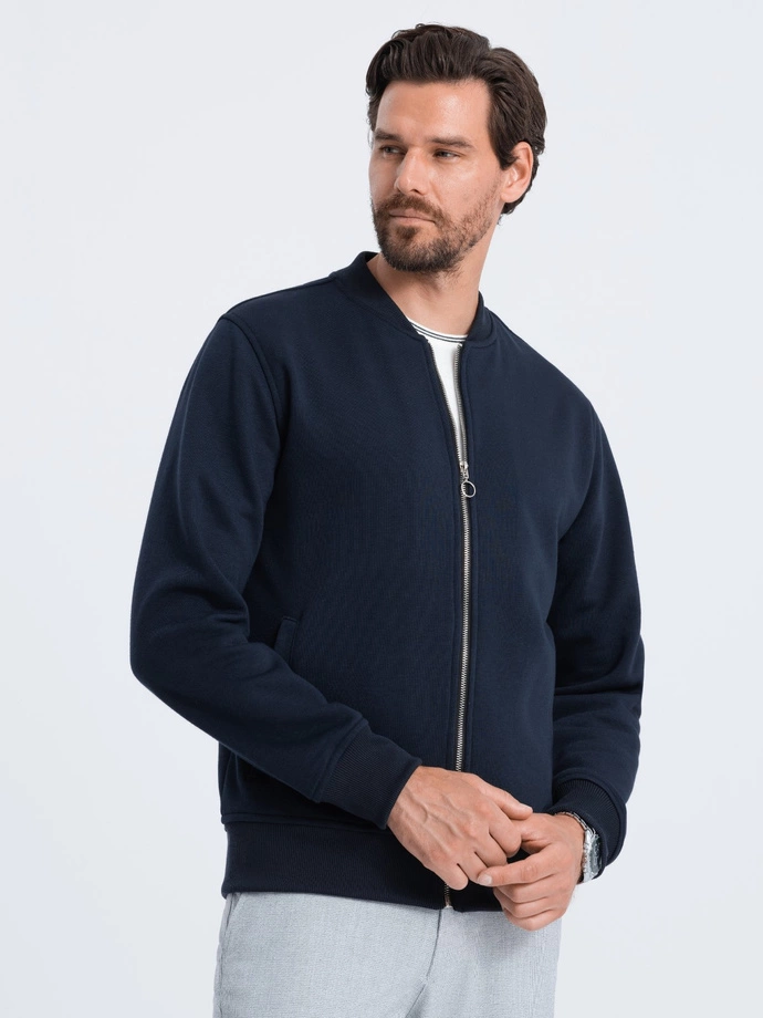 Men's cotton unbuttoned bomber sweatshirt - navy blue V4 OM-SSZP-0125