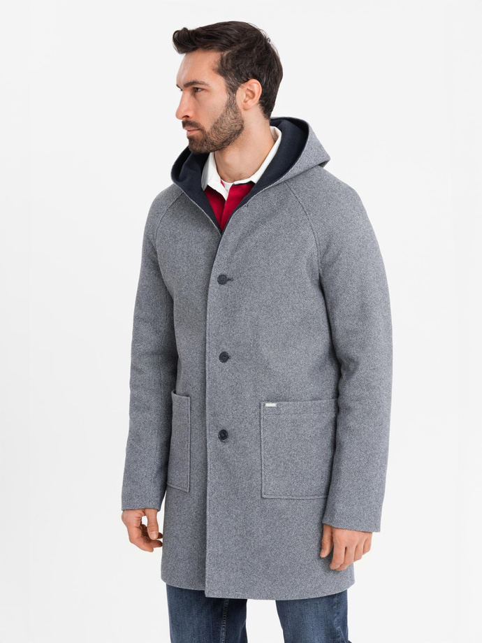 Men's melange long coat with hood - grey V1 OM-COWC-0122