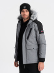 Men's winter jacket with adjustable hood with detachable fur - grey and black V1 OM-JAHP-0144