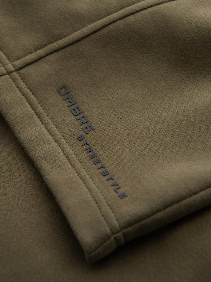 Pánske krátke teplákové šortky s potlačou - olivové V4 OM-SRSK-0138