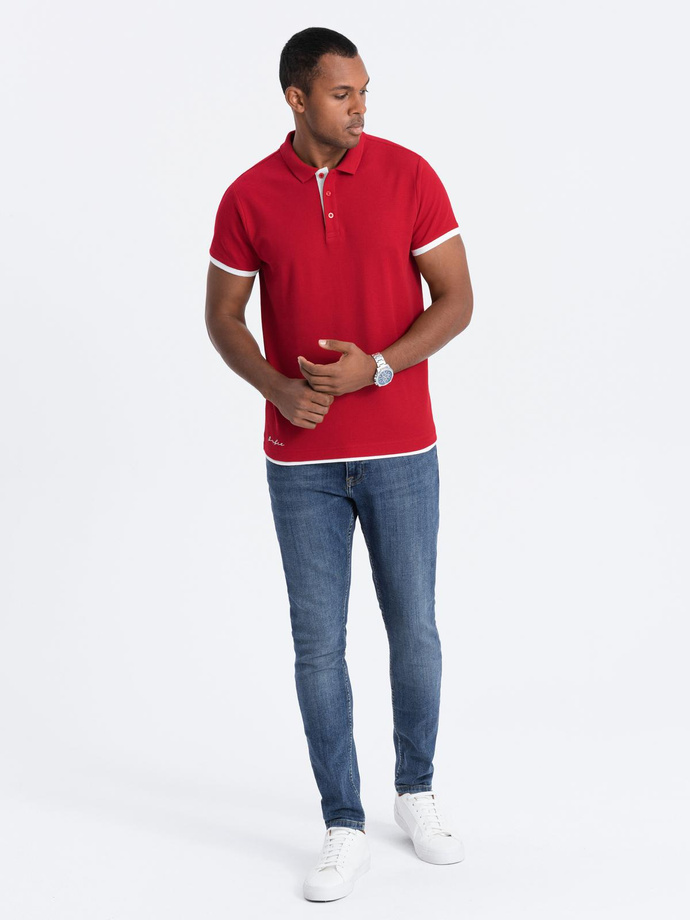 Men's cotton polo shirt with contrast trim - red V2 OM-POSS-0113