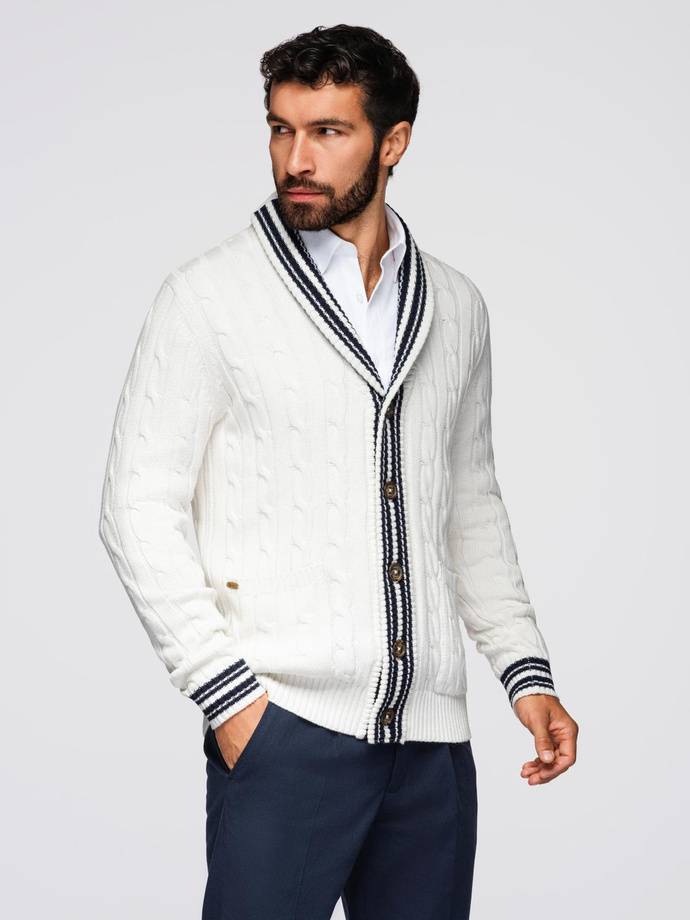 Men's cardigan sweater with shawl collar in preppy style - white V1 OM-SWCD-0152