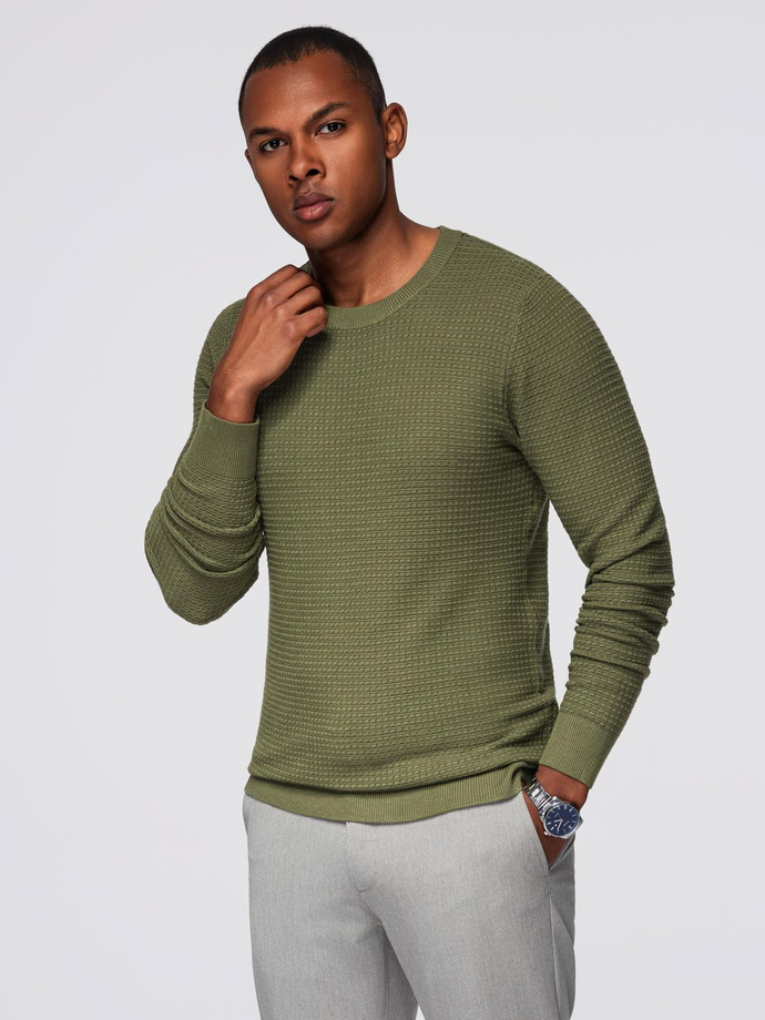 Structured men's sweater with round neckline - olive V1 OM-SWSW-0181