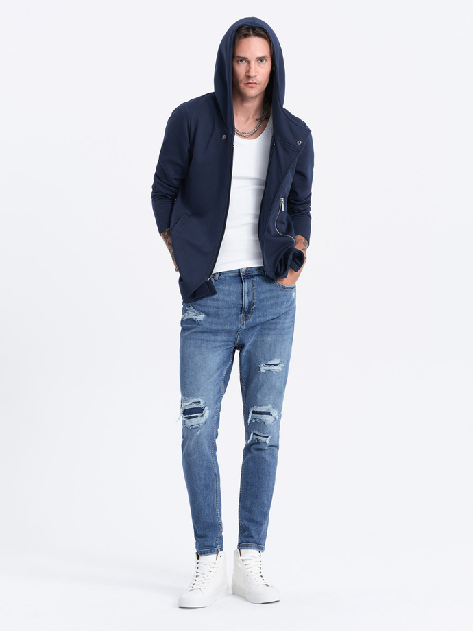 Men's long sweatshirt with asymmetrical button-up HAGA - navy blue B668