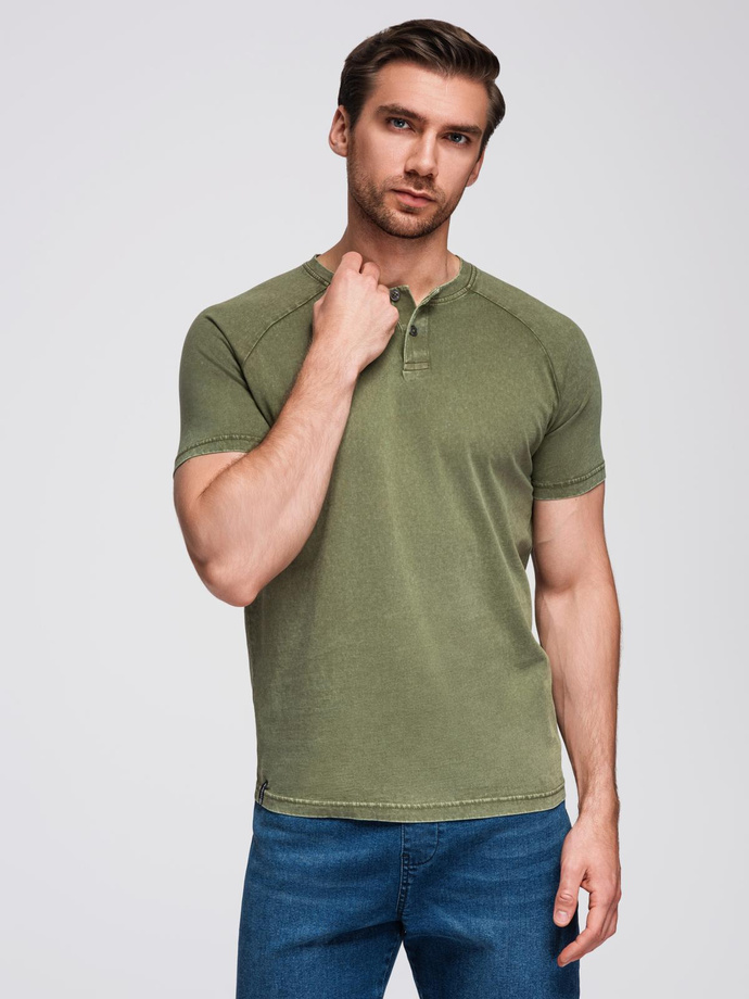 Men's t-shirt with wash effect and buttons at neckline - olive V4 OM-TSWT-0150