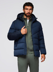 Men's jacket with asymmetrical quilting and hood - navy blue V4 OM-JAHP-0304
