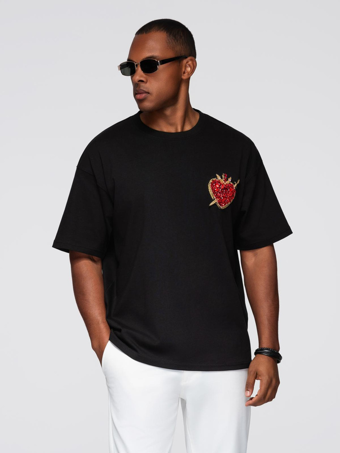 Tricou bărbătesc din bumbac cu aplicații de bijuterii pe piept - negru V1 OM-TSCT-0290